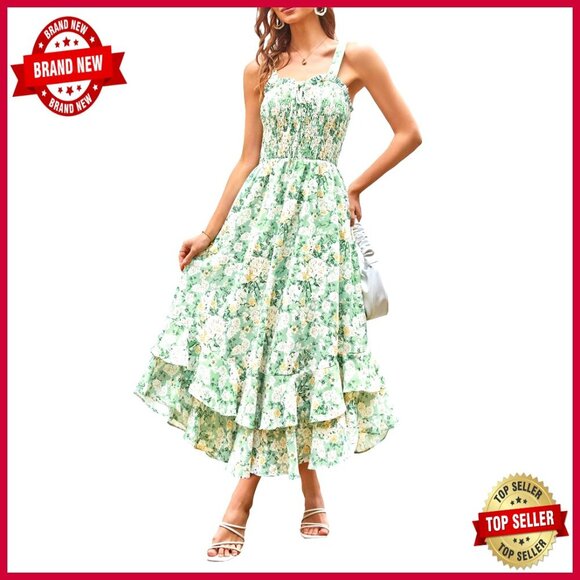 Dresses & Skirts - Floral Maxi Dress Boho Summer Square Neck A-Line Tiered Ruffles Adjustable